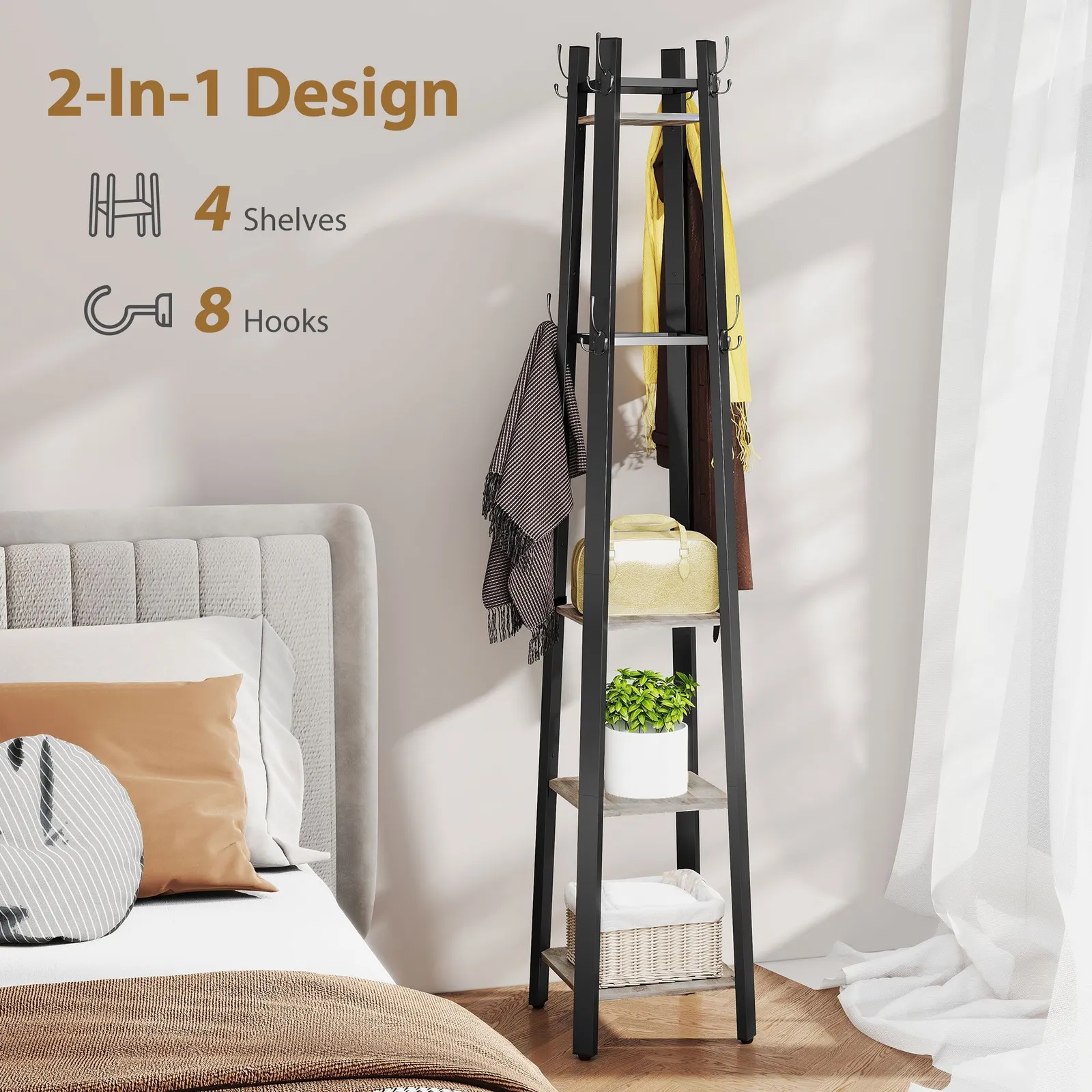 HOMCOM Industrial Coat Stand with 4 Storage Shelves & 8 Hooks in Grey 4