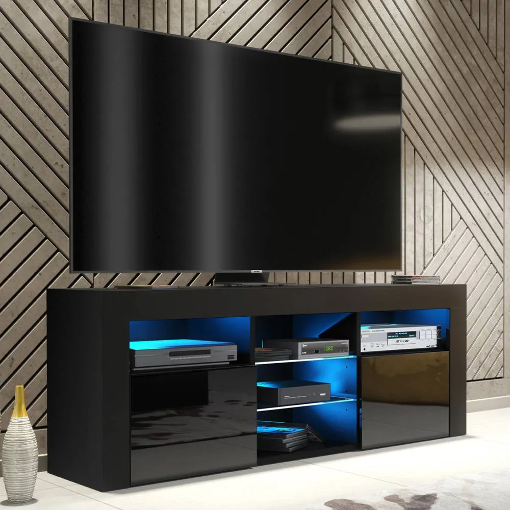 Creative Furniture Pulse TV Unit 145cm - Black with Gloss Doors & LED Lights