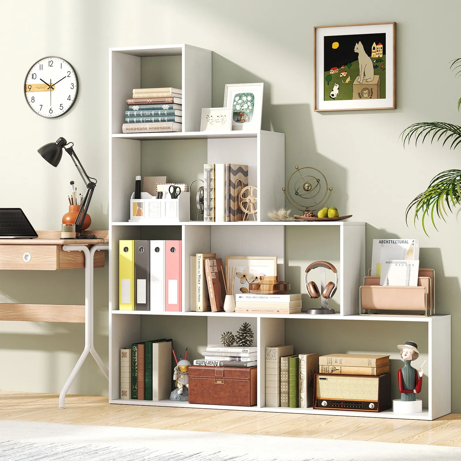 Costway 4-Tier Stepped Bookshelf Modern Ladder Bookcase w/6 Storage Cubes in White 6