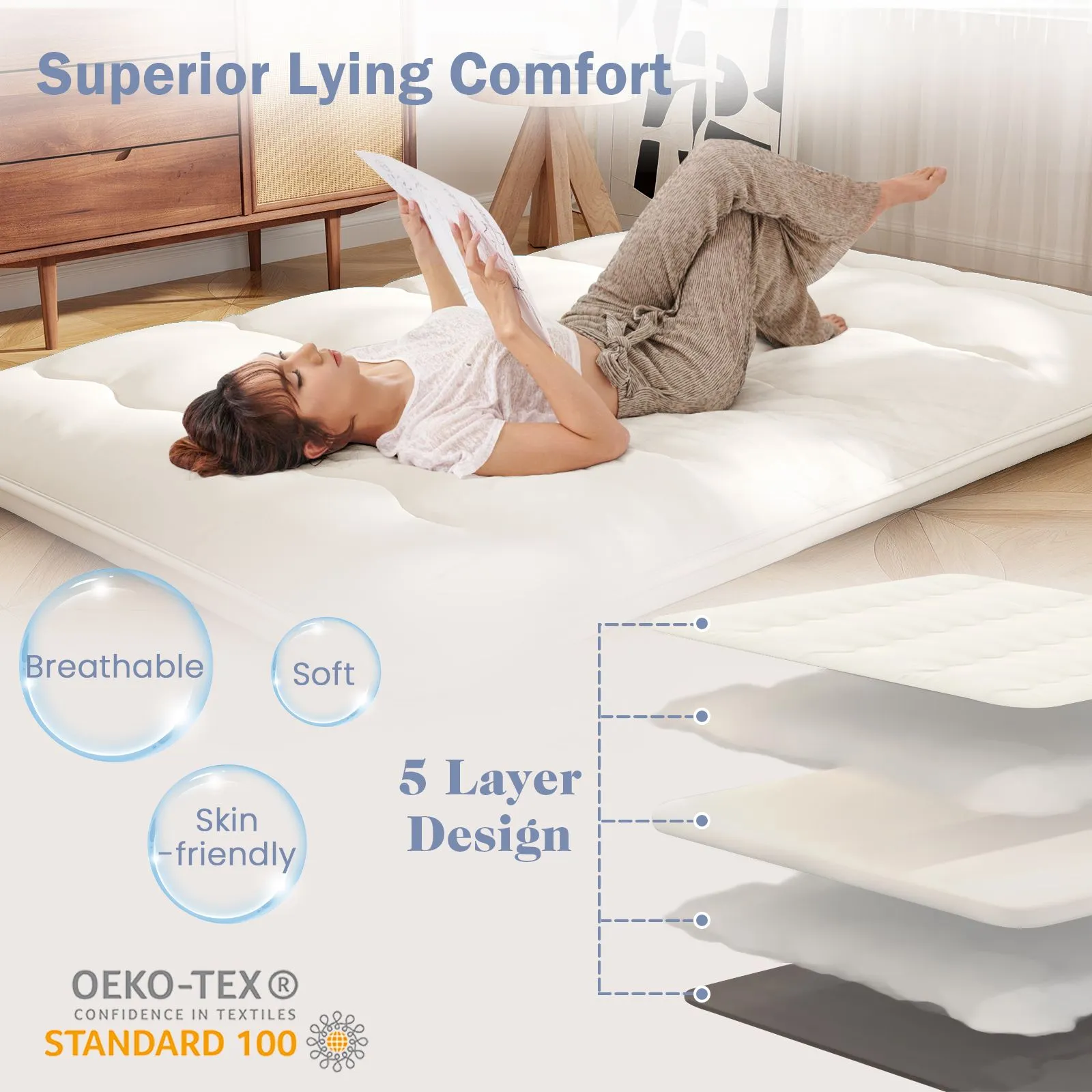 Costway Foldable Tatami Mat Floor Futon Mattress Roll up Sleeping Pad with Washable Cover, Small Double/Double/King Size in Beige 5