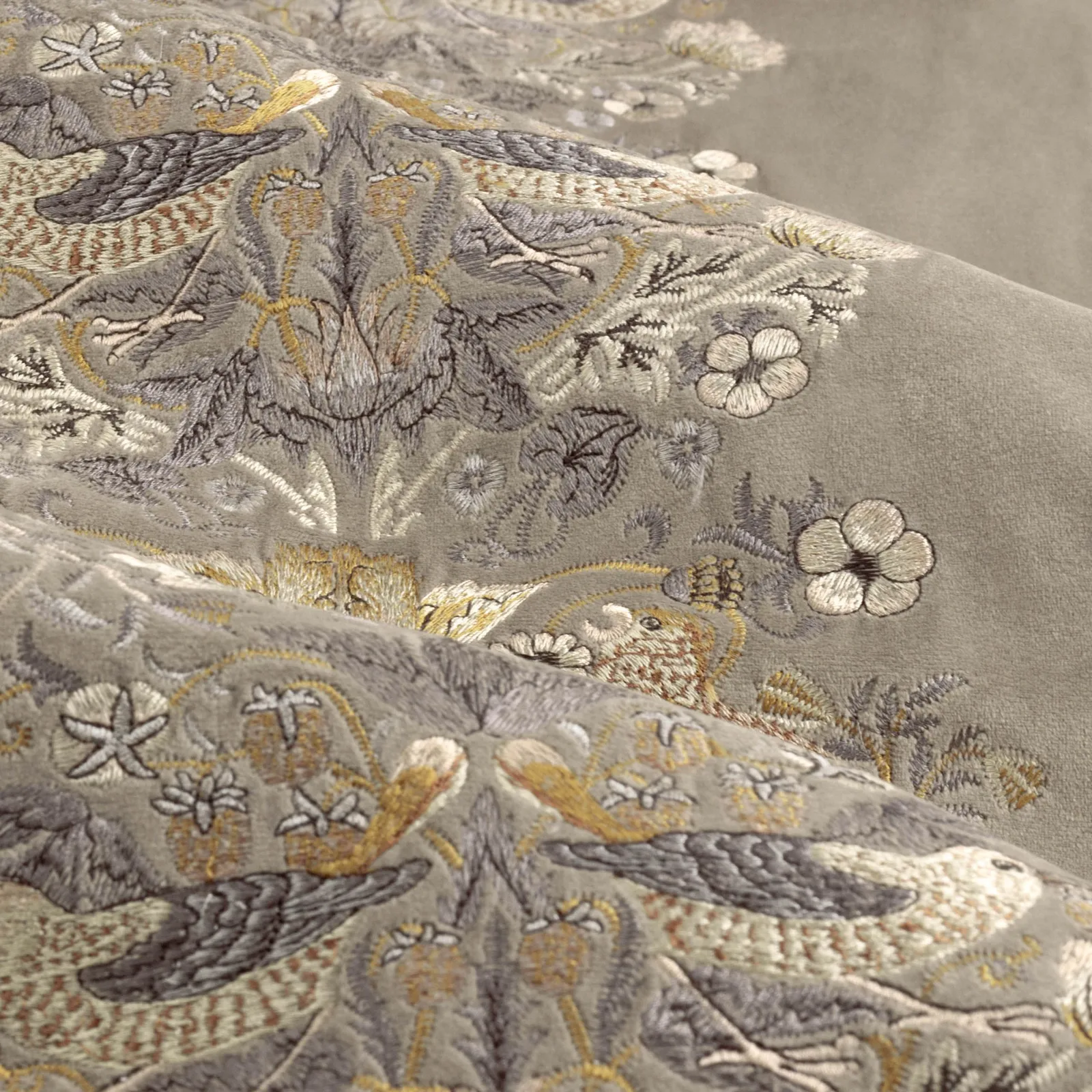 Morris & Co Strawberry Thief Embroidered Velvet Room Darkening Pencil Pleat Curtain Pair in Beige 6