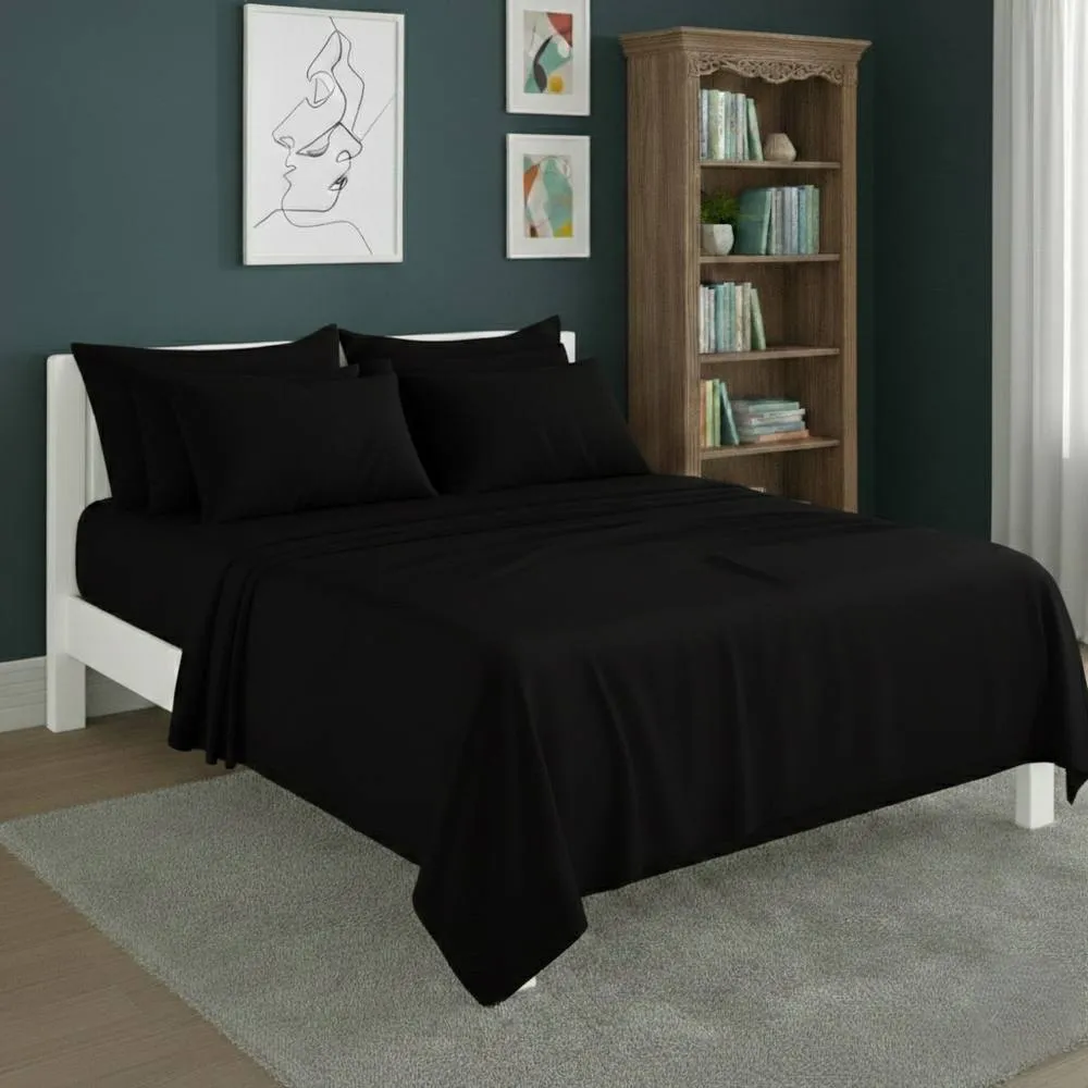 Snug City Plain Poly Cotton Easy Care Fitted Flat Sheet Matching Pillowcases Set in Black