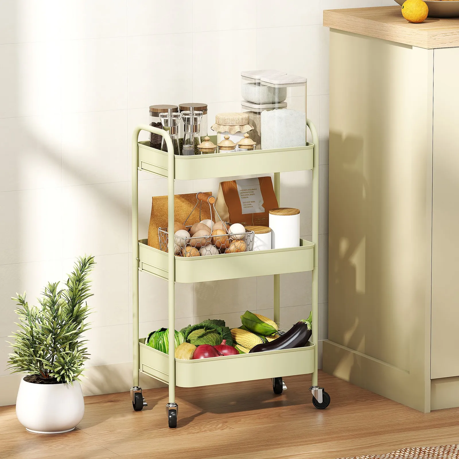 HOMCOM 3 Tier Rolling Utility Cart with 3 Mesh Basket in Green