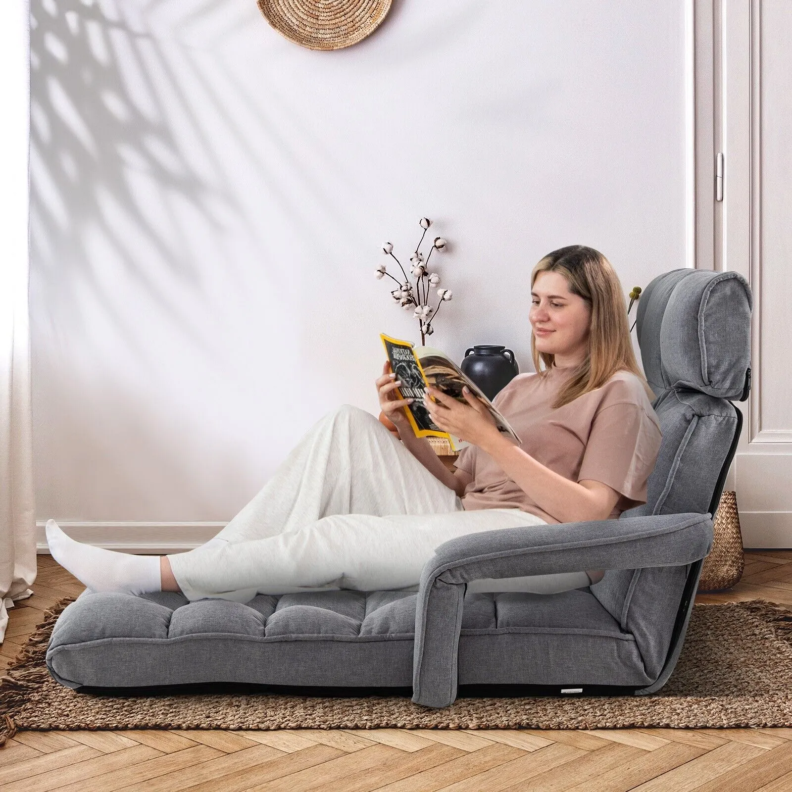 Costway Folding Sofa Chair 6 Positions Adjustable Floor Lazy Chair with Armrest Single Sofa in Grey 5