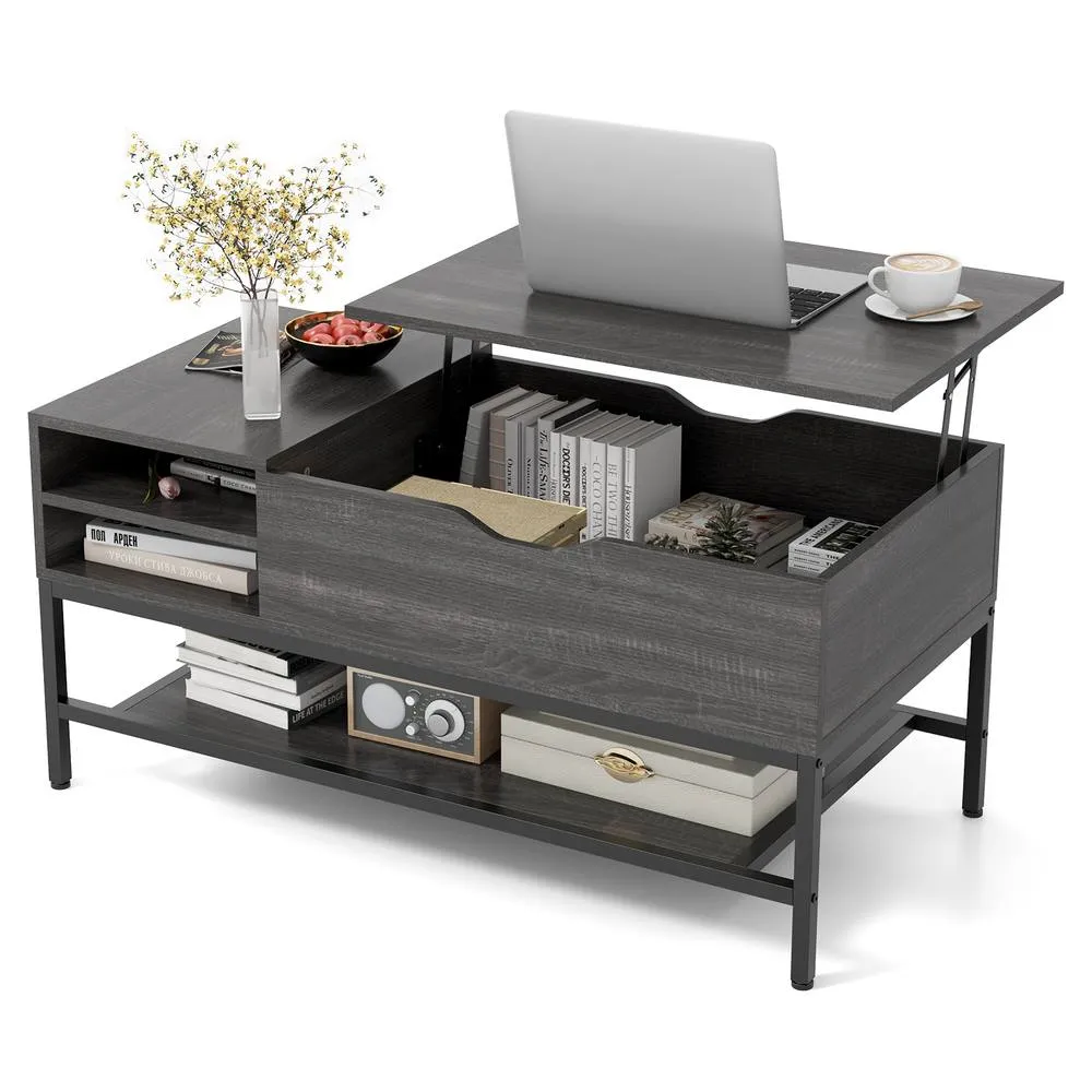 Costway Lift Top Coffee Table Living Room Center Table W/ Removable Shelf in Grey 2