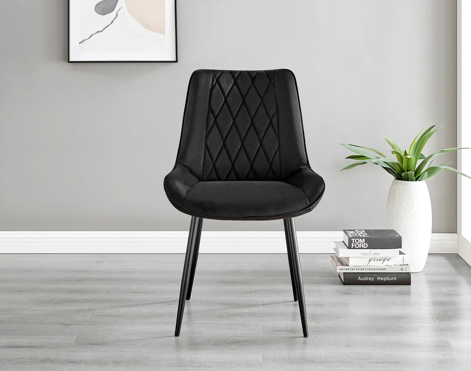 FurnitureboxUK Set of 2 Pesaro Luxury Velvet Dining Chairs With Diamond Stitched Back & Black Metal Legs 3