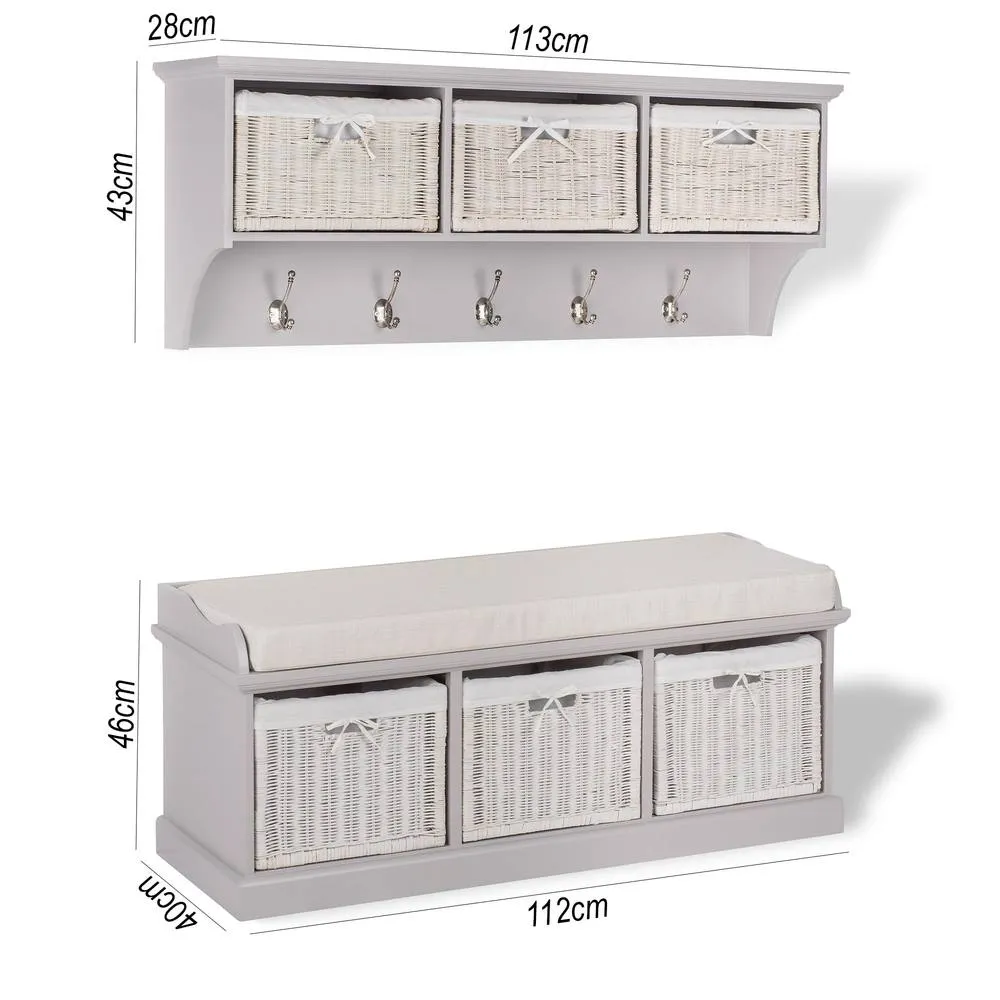 Statement Furniture Tetbury 3 White Wicker Basket & Cream Cushion Hallway Set in Taupe 3