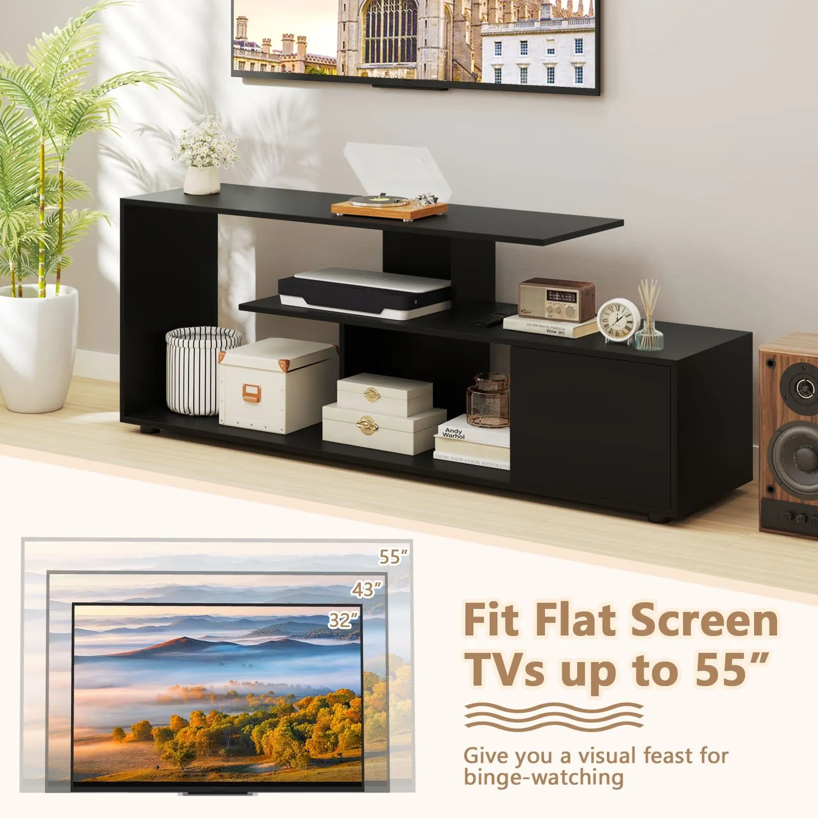 Costway TV Stand for TVs up to 55" 3-Tier Media Console Table w/Storage-Black in Black 5