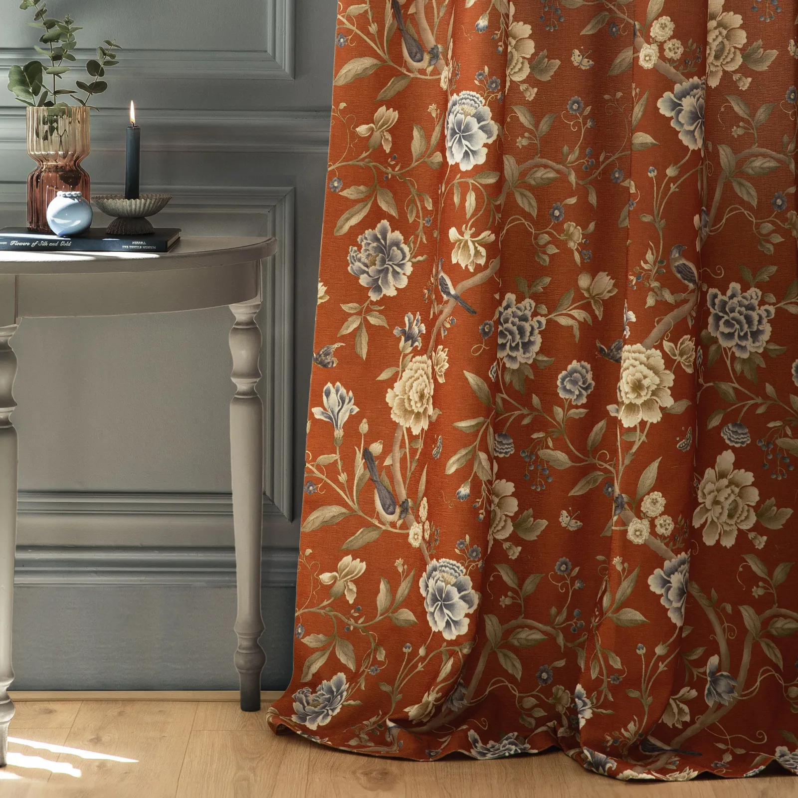 Sanderson Porcelain Garden Printed Chenille Room Darkening Pencil Pleat Curtains in Burnt Orange 4
