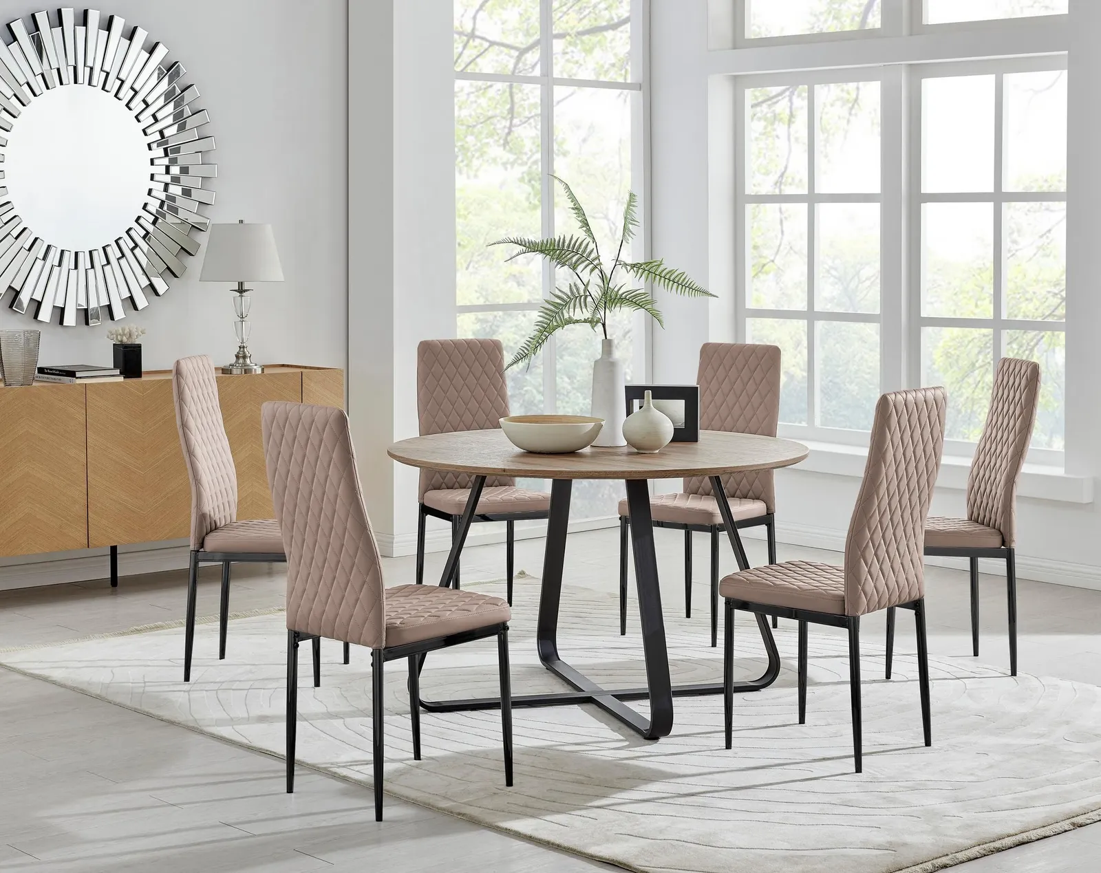 FurnitureboxUK Santorini Brown Round Dining Table & 6 Milan Black Leg Chairs in Beige