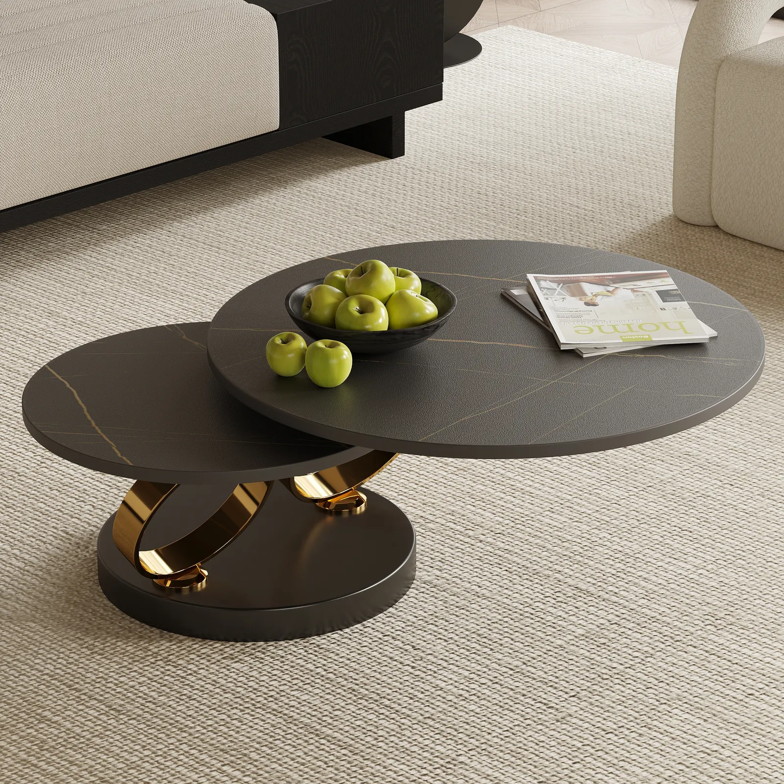 Modern Black Extendable Coffee Table with Ring-shaped Metal Pedestal