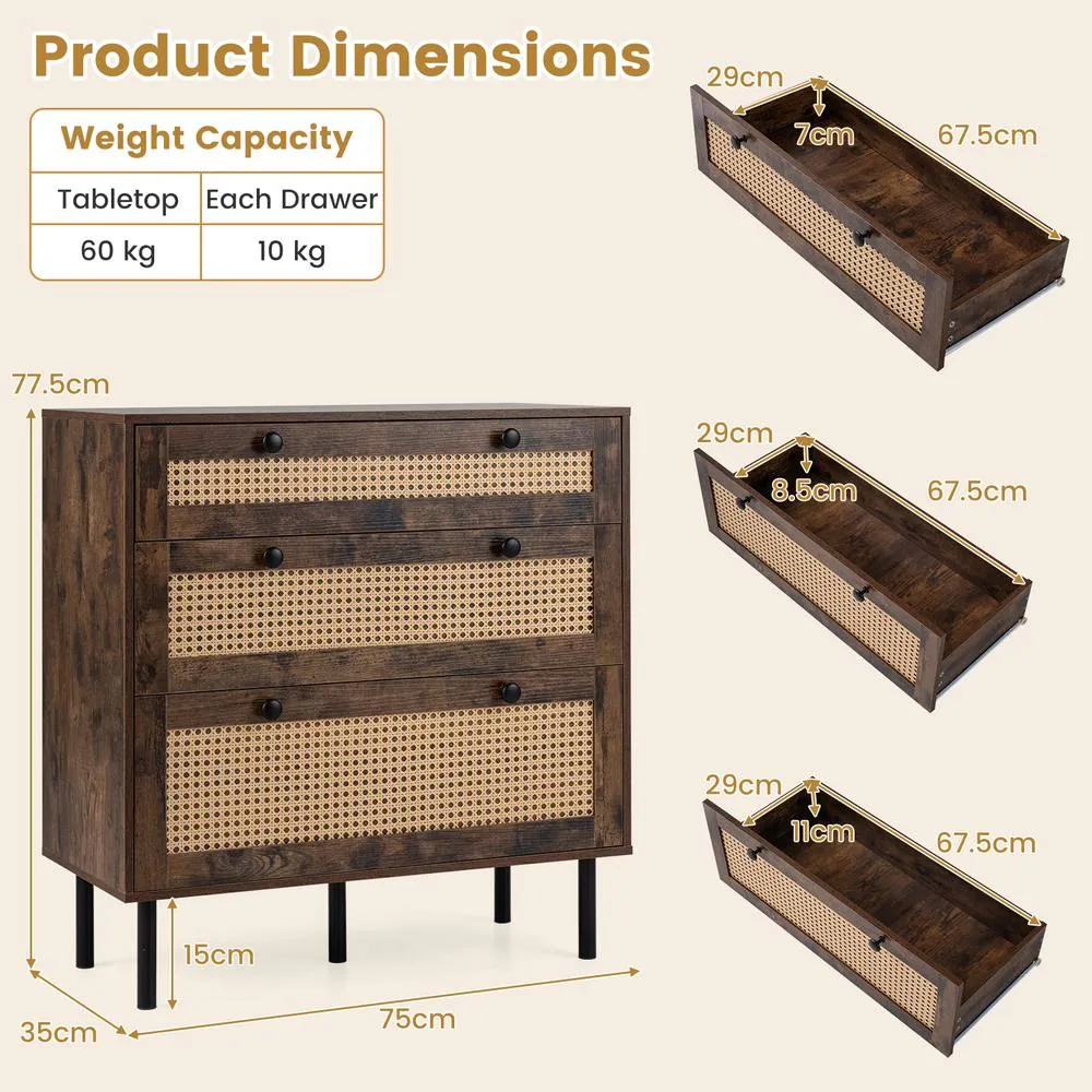 Costway Dresser with 3 Drawers & Rattan Design & 5 Metal Legs in Brown 2