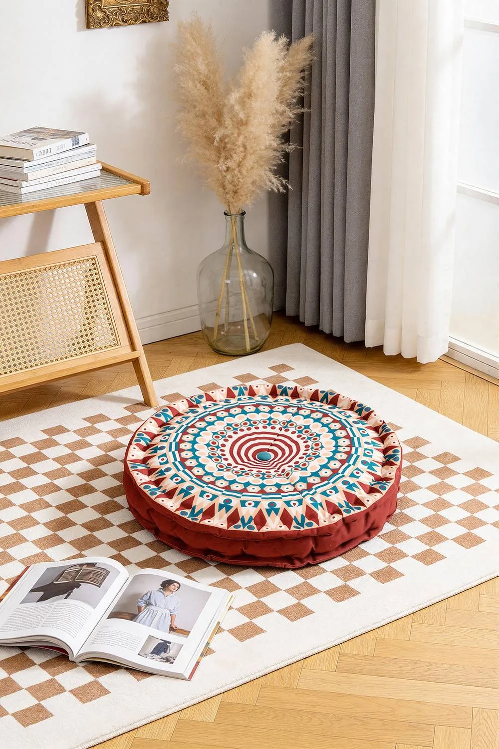 Living and Home Ethnic Geometric Round Tatami Seat Cushion in Red