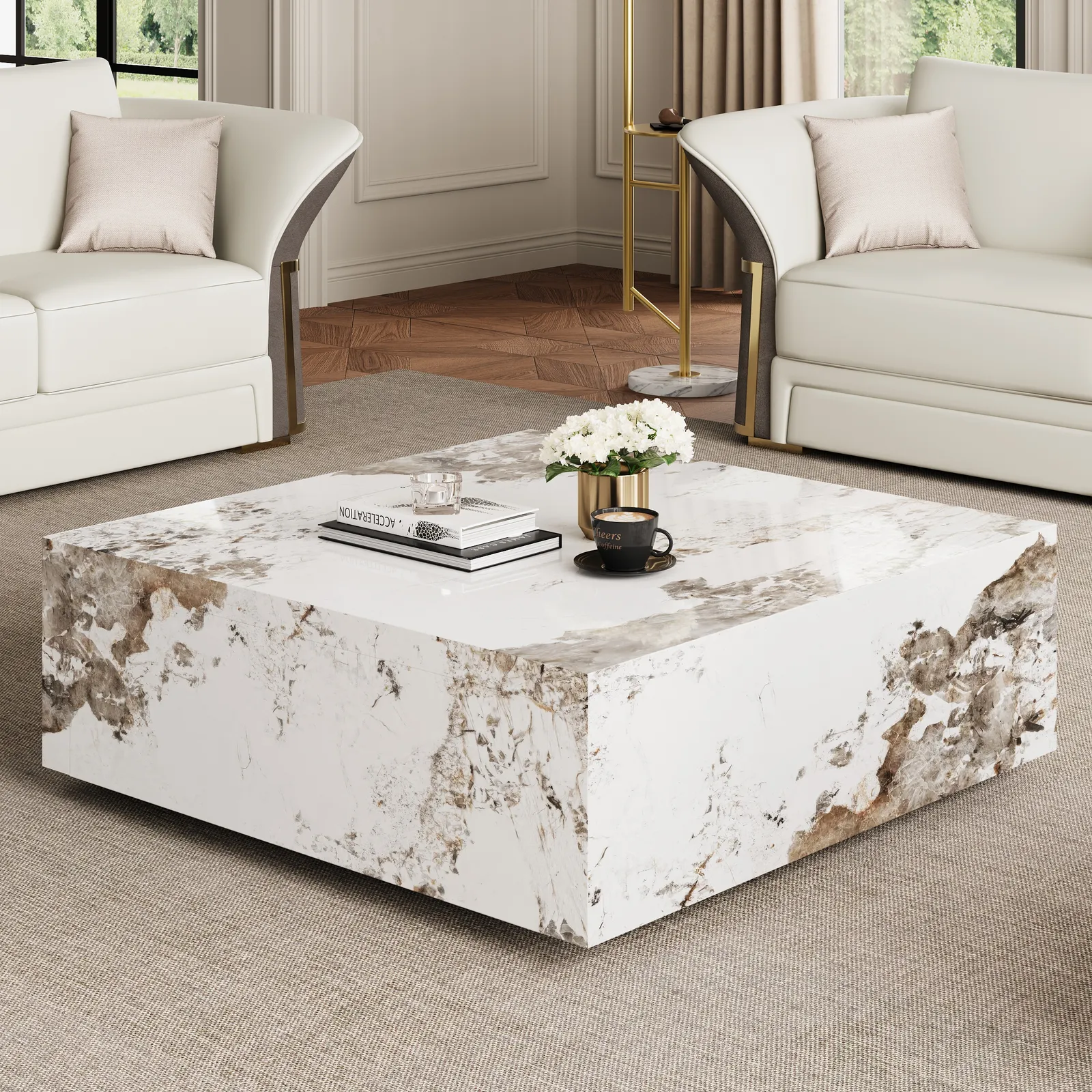 100 cm Square Sintered Stone Block Coffee Table With Storage Modern Off White Living Room Table