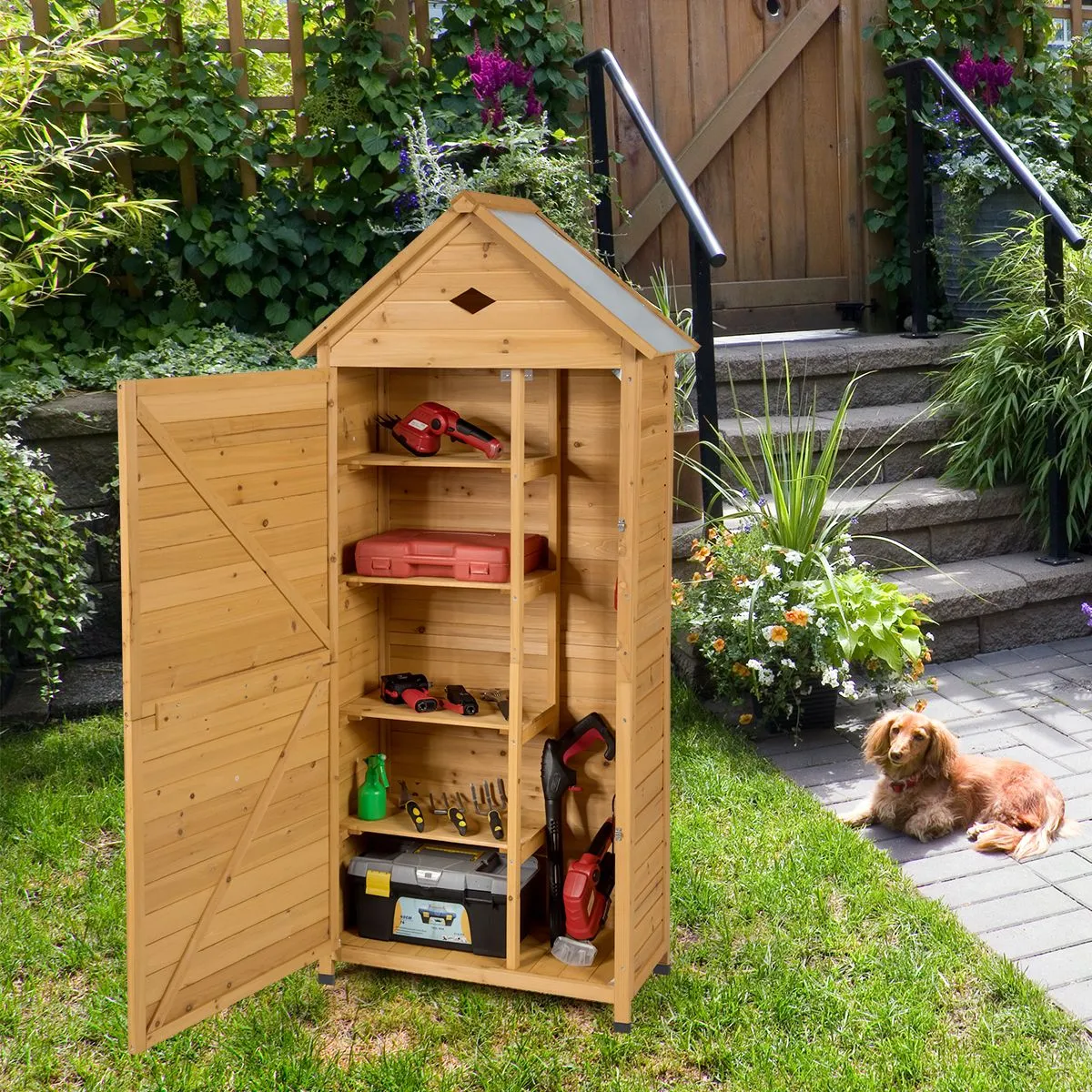 Costway Outdoor Storage Shed Lockable Wooden Garden Tool Storage Cabinet Waterproof Tool Hutch Organizer in Natural 3