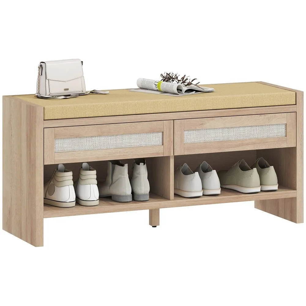 HOMCOM Shoe Bench with 2 Rattan Drawers Cushion Oak Wood Effect in Light Oak 2