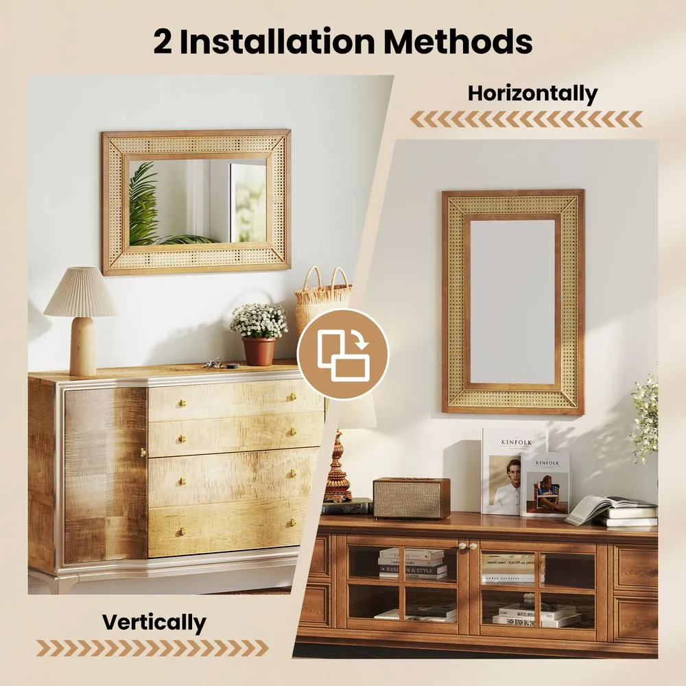 Costway Rattan Wall Mirror with Bohemian Rectangular Wooden Frame in Brown 6