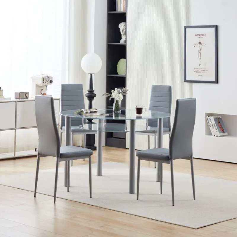 Comfy Living Ltd 5 Piece Glass 120cm Round Dining Set With Faux Leather Chairs in Grey