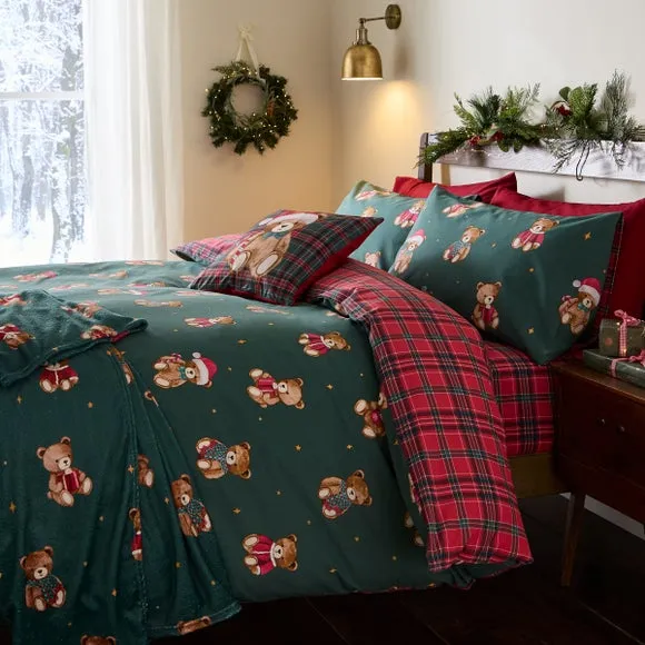 Catherine Lansfield Christmas Tartan Teddy Bear Duvet Cover & Pillowcase Set 1