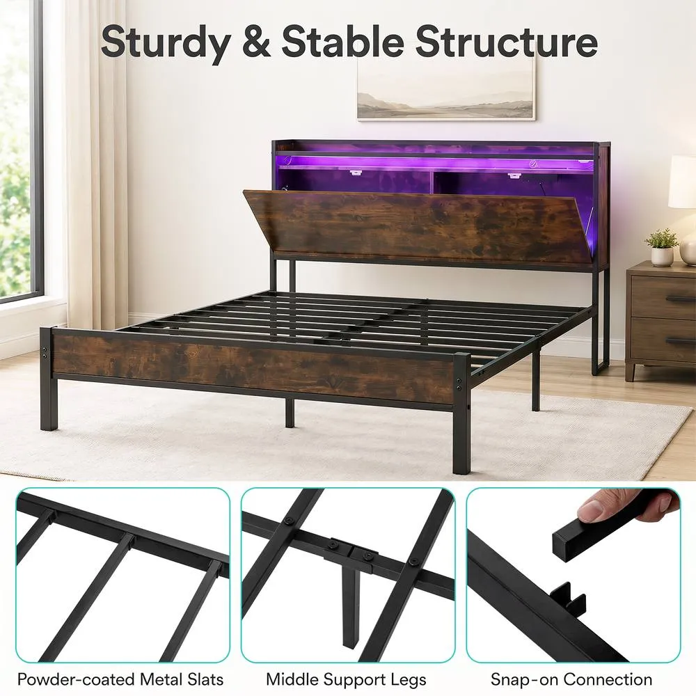 Costway King Size Bed Frame with LED Lights & Charging Station in Black 4