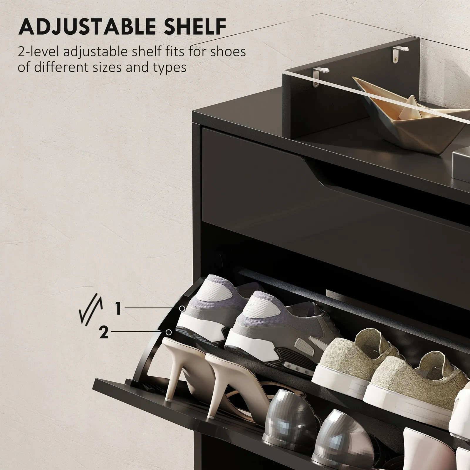 HOMCOM Shoe Cabinet with 3 Drawers, High Gloss Front Panels, Glass Top Black 5