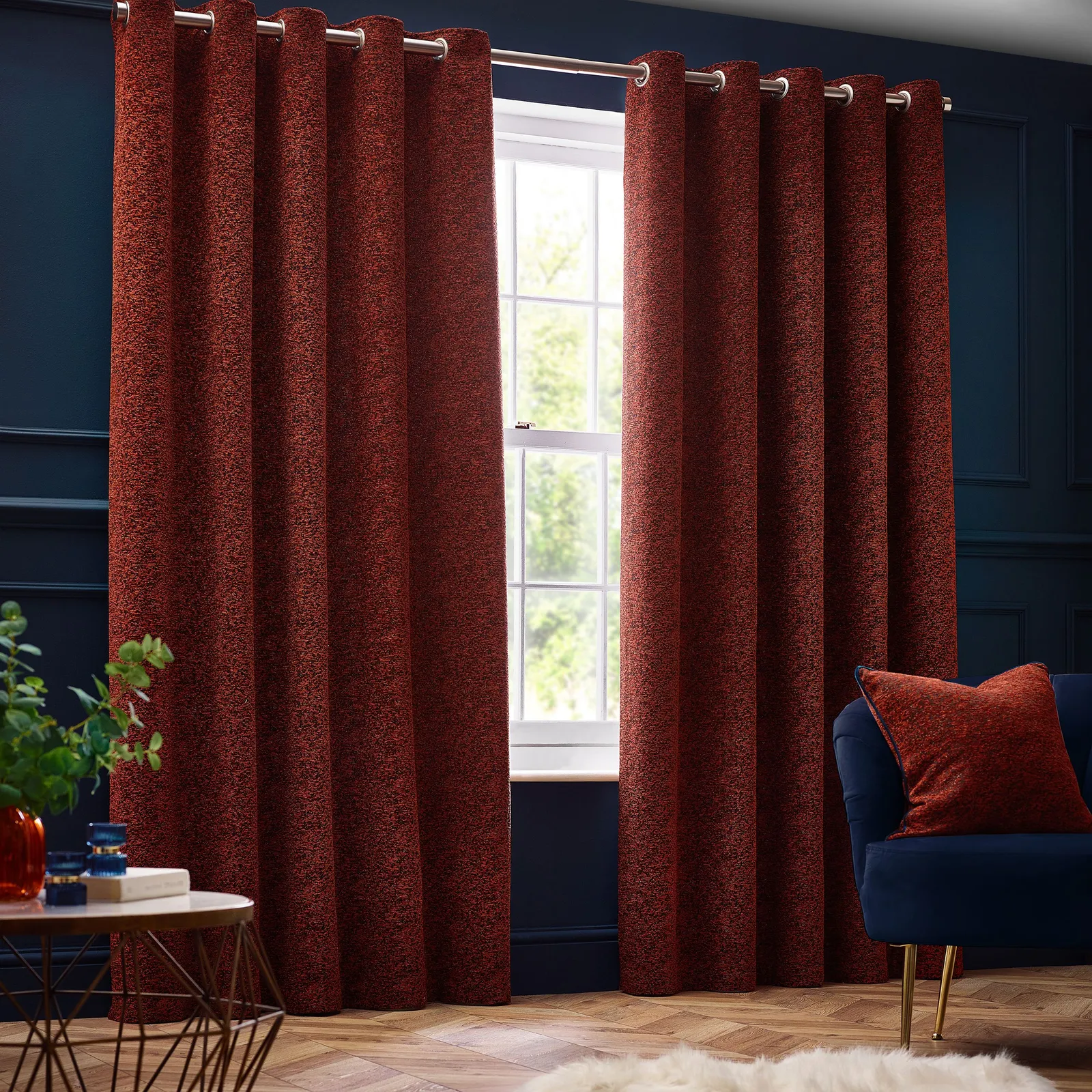 Paoletti Galaxy Velvet Chenille Eyelet Curtain Pair in Copper 2