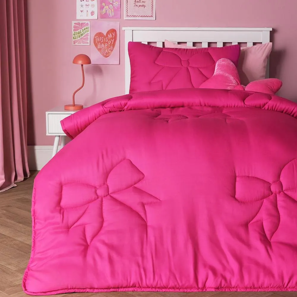OHS Bow Quilted 7.5 Tog Coverless Duvet with Pillowcase Bedding Set in Bright Pink