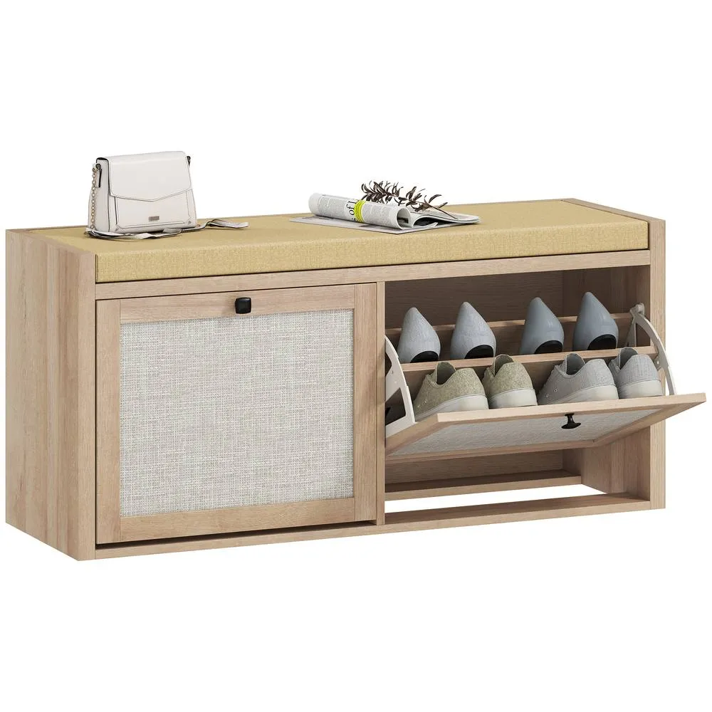 HOMCOM Rattan Shoe Bench with Padded Cushion & 2 Cabinets, Oak in Light Oak 2