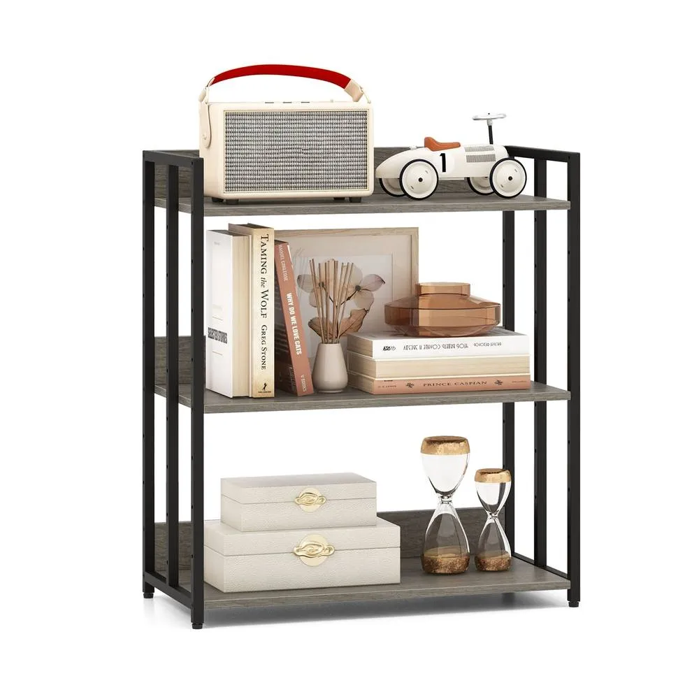 Costway 3-Tier Bookshelf Industrial Corner Bookcase w/ Adjustable Shelves in Grey