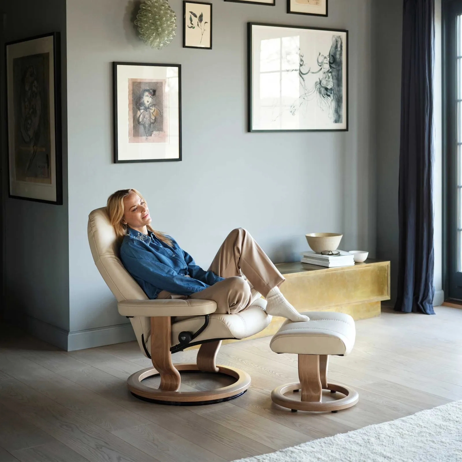 Stressless Consul Medium Recliner Chair & Stool, Neutral Leather | Barker & Stonehouse 2