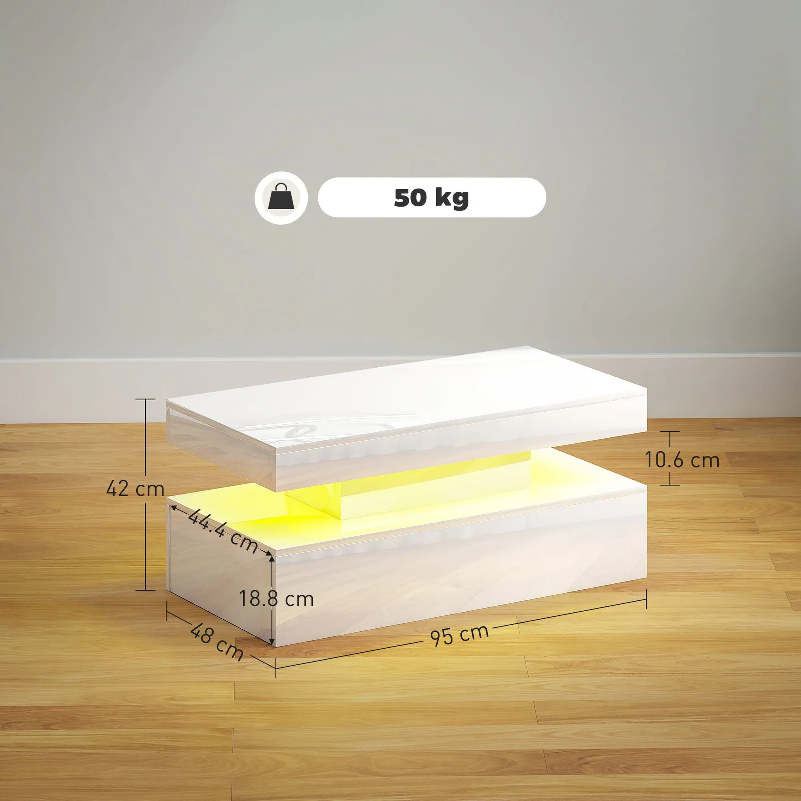 HOMCOM LED Coffee Table with Storage, High Gloss Living Room Table, White 3