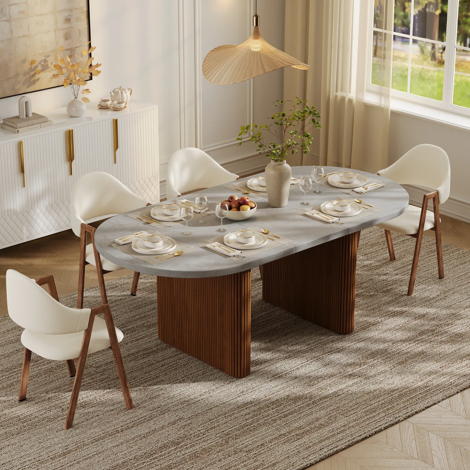 Japandi 160 - 200 cm Oval Extendable Natural Dining Table Butterfly Leaf, Seats 4-6