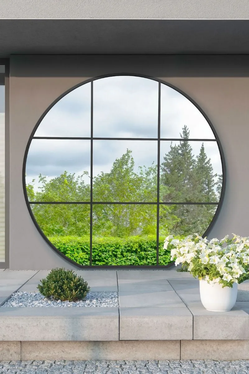 MirrorOutlet Black Framed Flat Bottom Circular Garden Wall Mirror (189CM X 180CM)