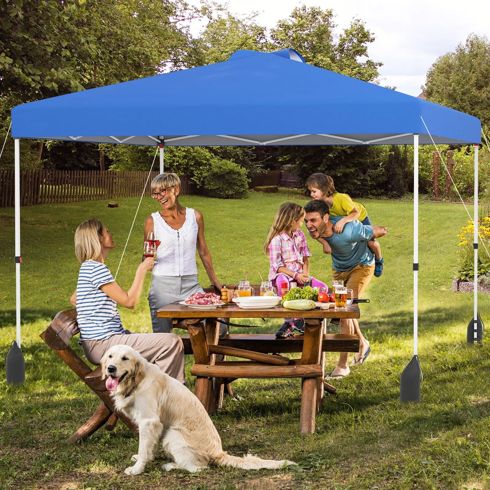 Costway 300 x 300 cm Pop up Canopy Tent w/ 1 Sidewall & Wheeled Bag in Blue 2