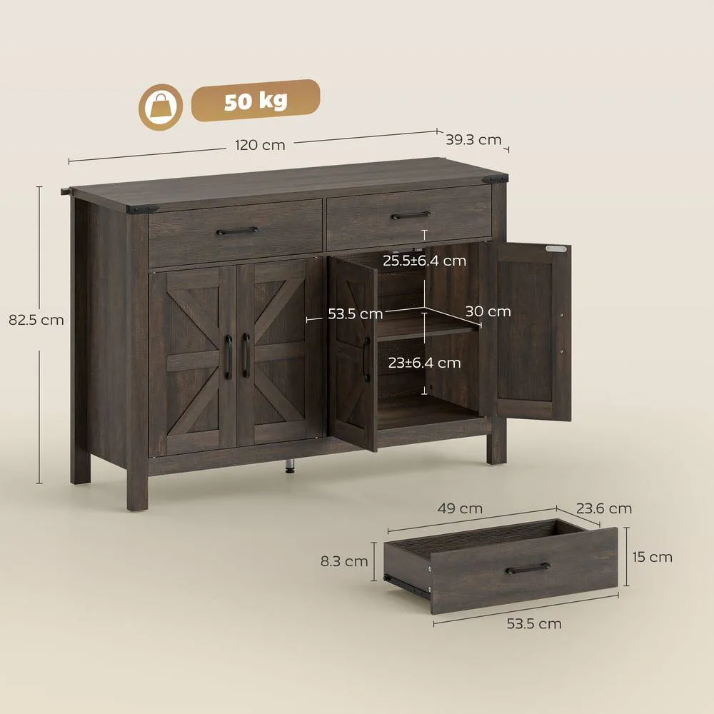 HOMCOM Kitchen Cupboard with 4 Doors, 2 Drawers & 2 Shelves, Dark Brown 3