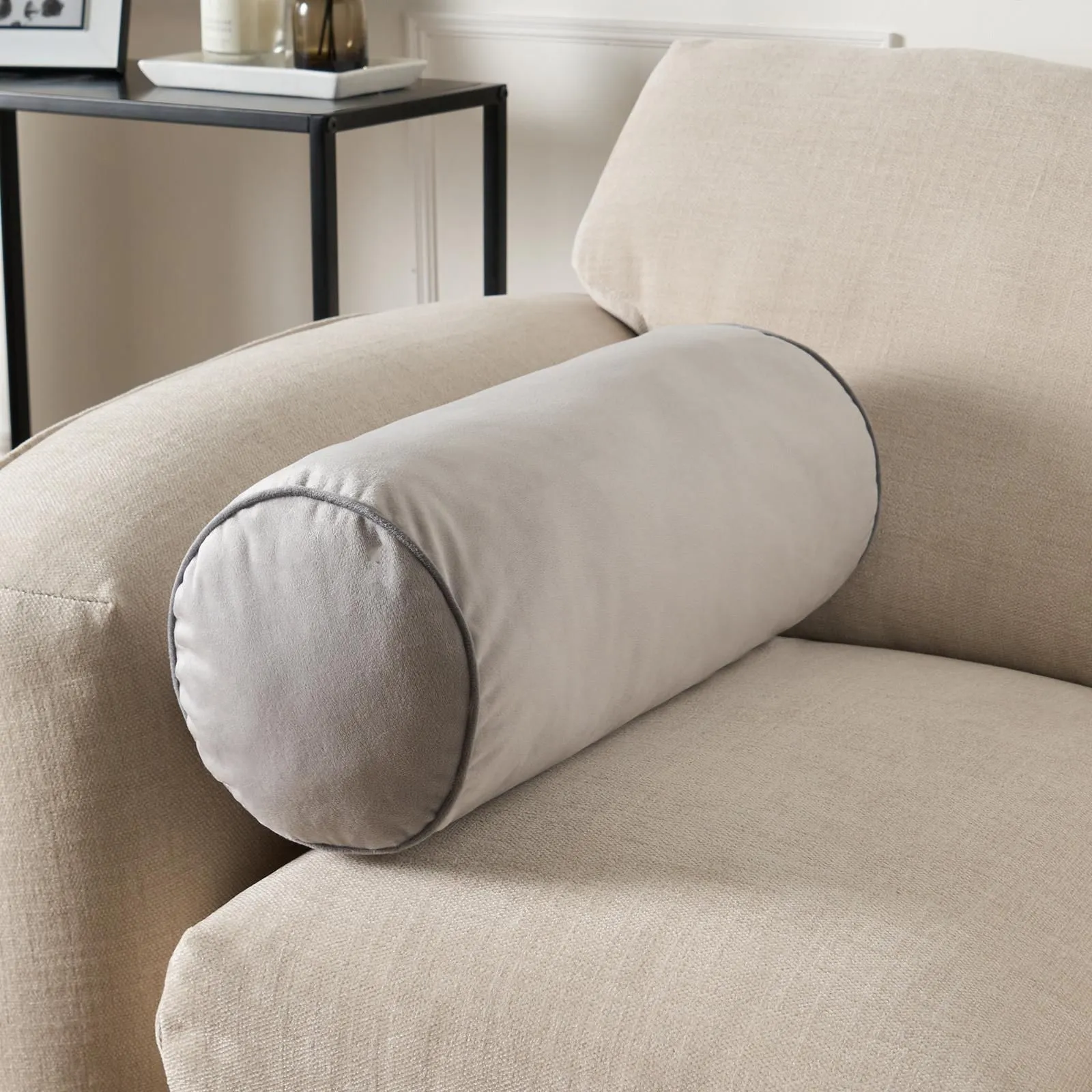 OHS Bolster Cushion Matte Velvet Filled Bedroom Sofa Plump Decorative Scatter Pillow in Light Grey