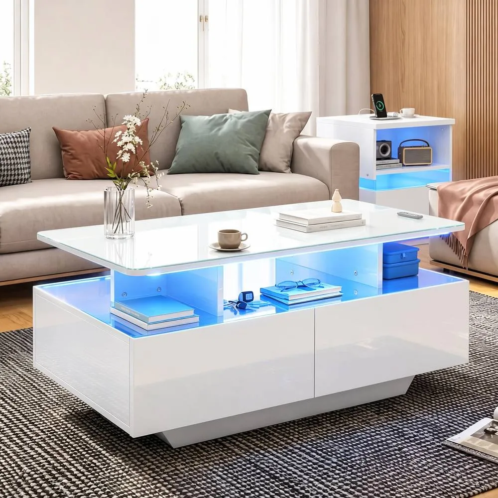 Costway Coffee Table 20-Colour Lighted High Glossy Center Table With 2 Drawers in White 4