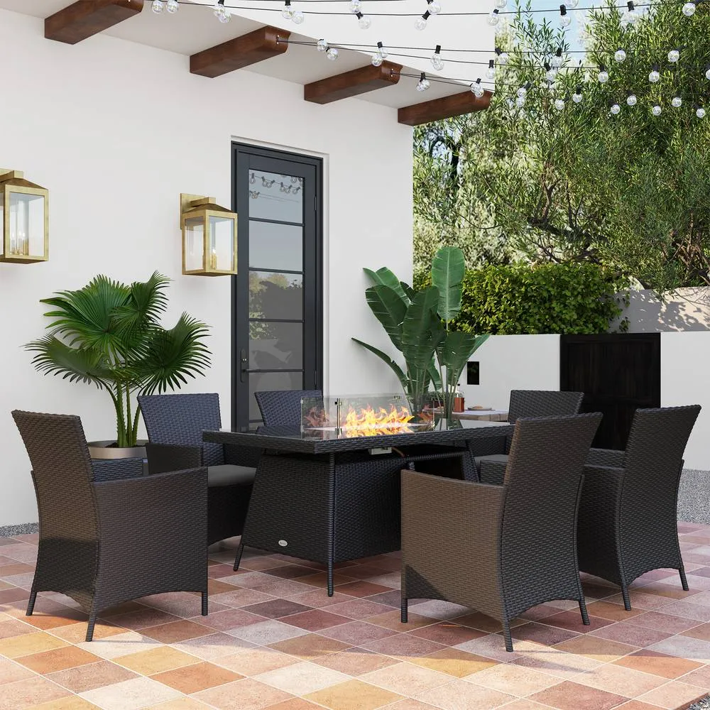 OUTSUNNY Rattan Dining Set with Fire Pit Table & Armchairs, Black