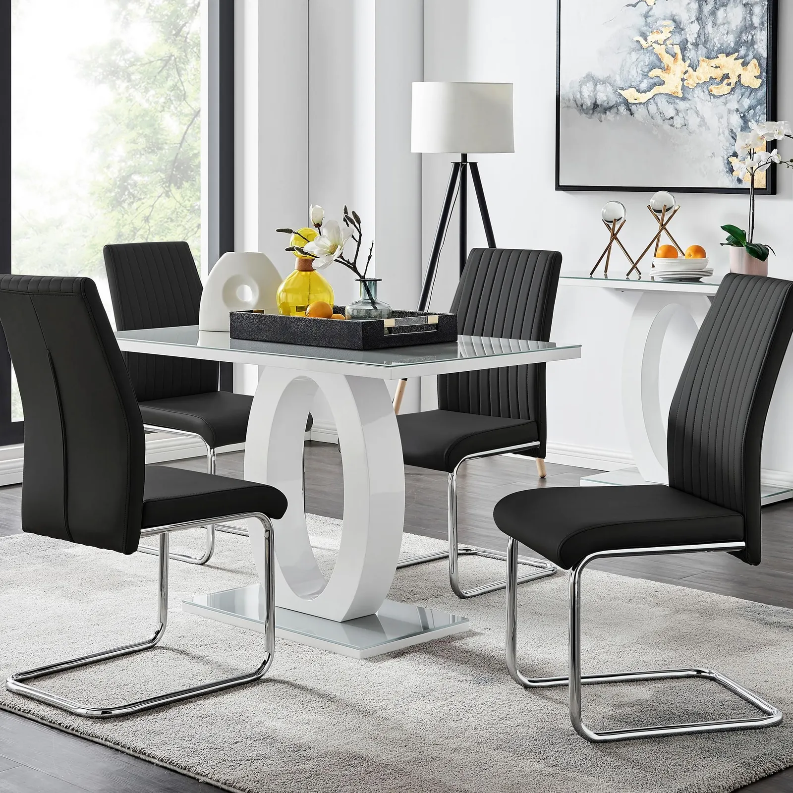 FurnitureboxUK Giovani Grey White Modern High Gloss & Glass Dining Table & 4 Lorenzo Chairs Set in Black 1