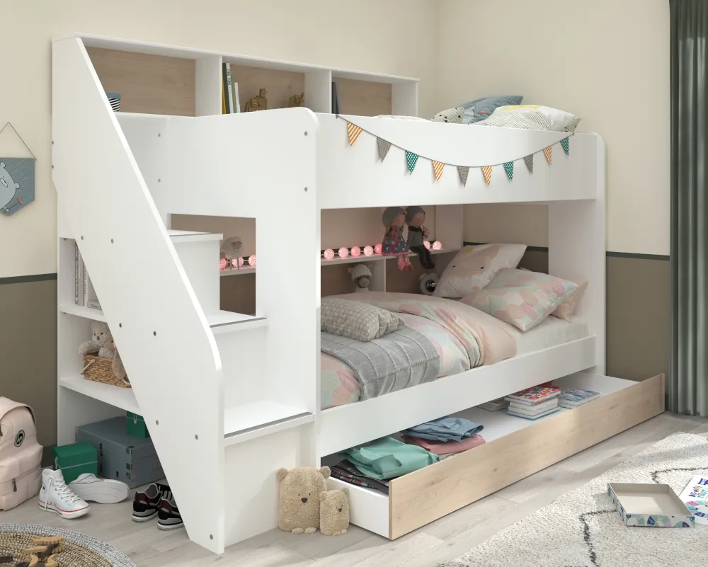 Bibliobed White and Oak Staircase Bunk Bed With Underbed Trundle - EU Single