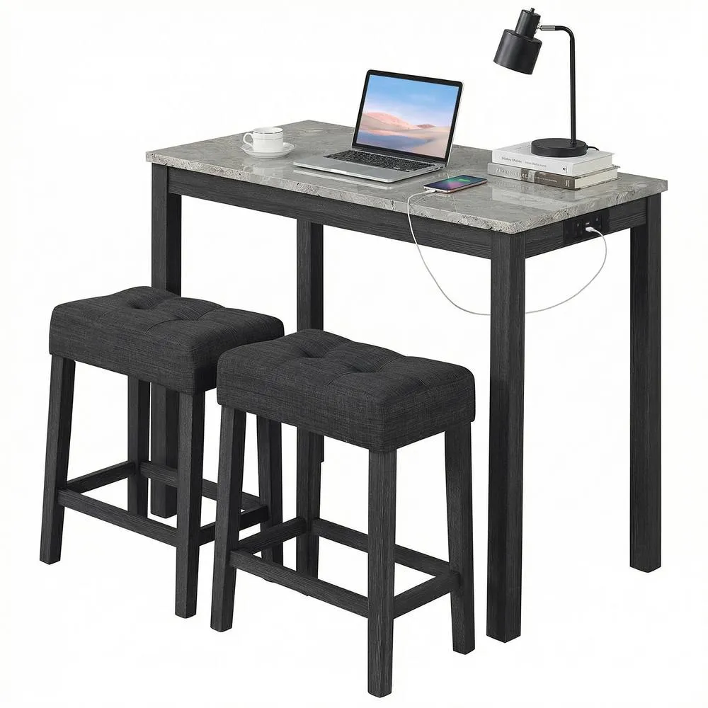 Costway Set of 3 Faux Marble Bar Table Set w/Charging Station&2 Padded Stools in Grey 5