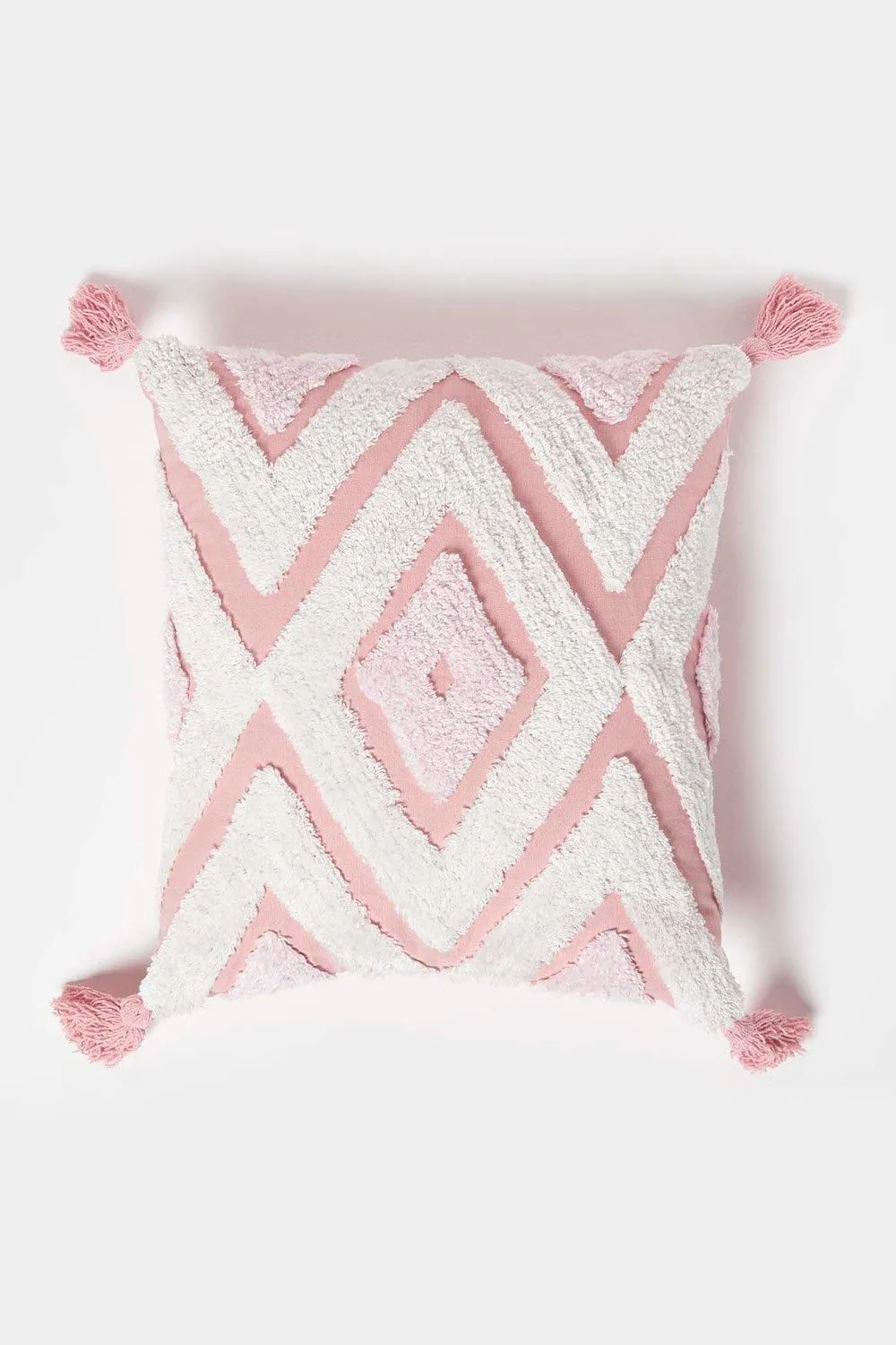 Homescapes Geometric Ikat Tufted Cotton Cushion with Tassels in White
