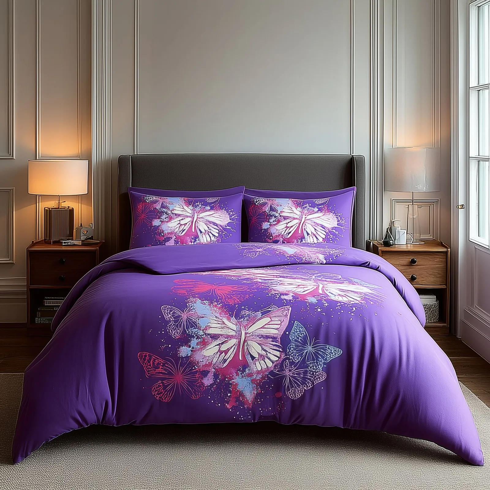 Snug City Duvet Cover & Pillowcase Set Printed Butterfly Design Bed Linen in Purple
