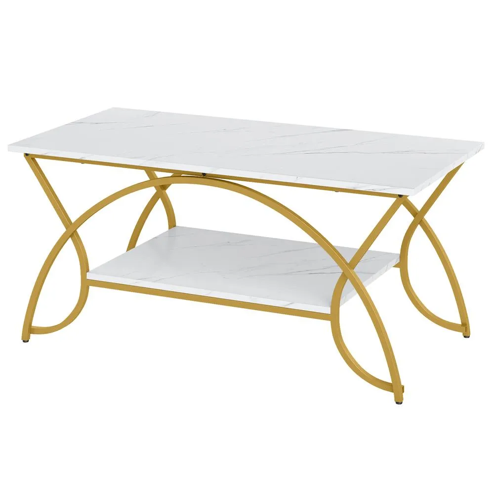 Costway 2-Tier Faux Marble Coffee Table Modern Cocktail Center Table w/ Shelf in White 3