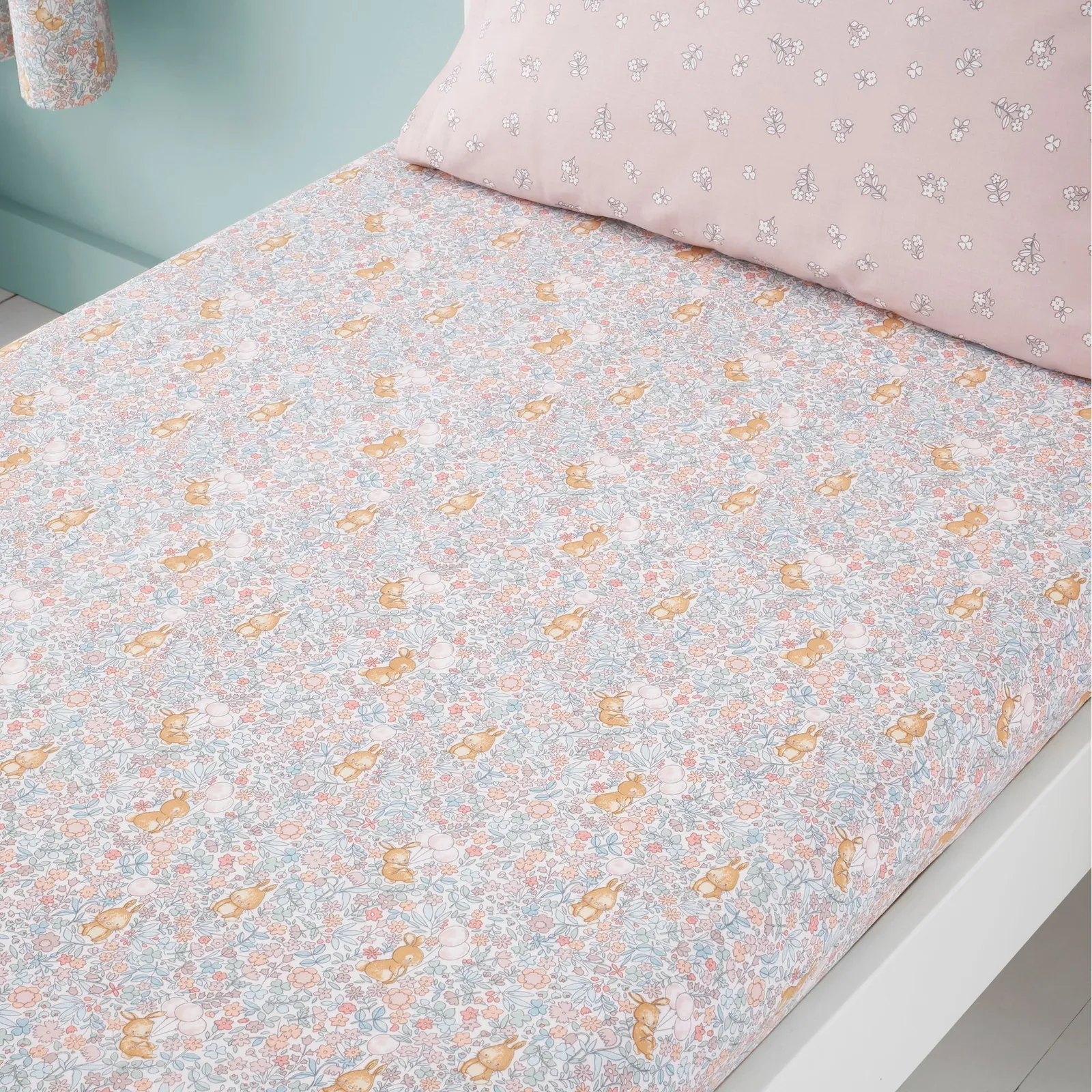 Set of 2 Ditsy Bunny Pink 100% Cotton Fitted Sheets Light Pink