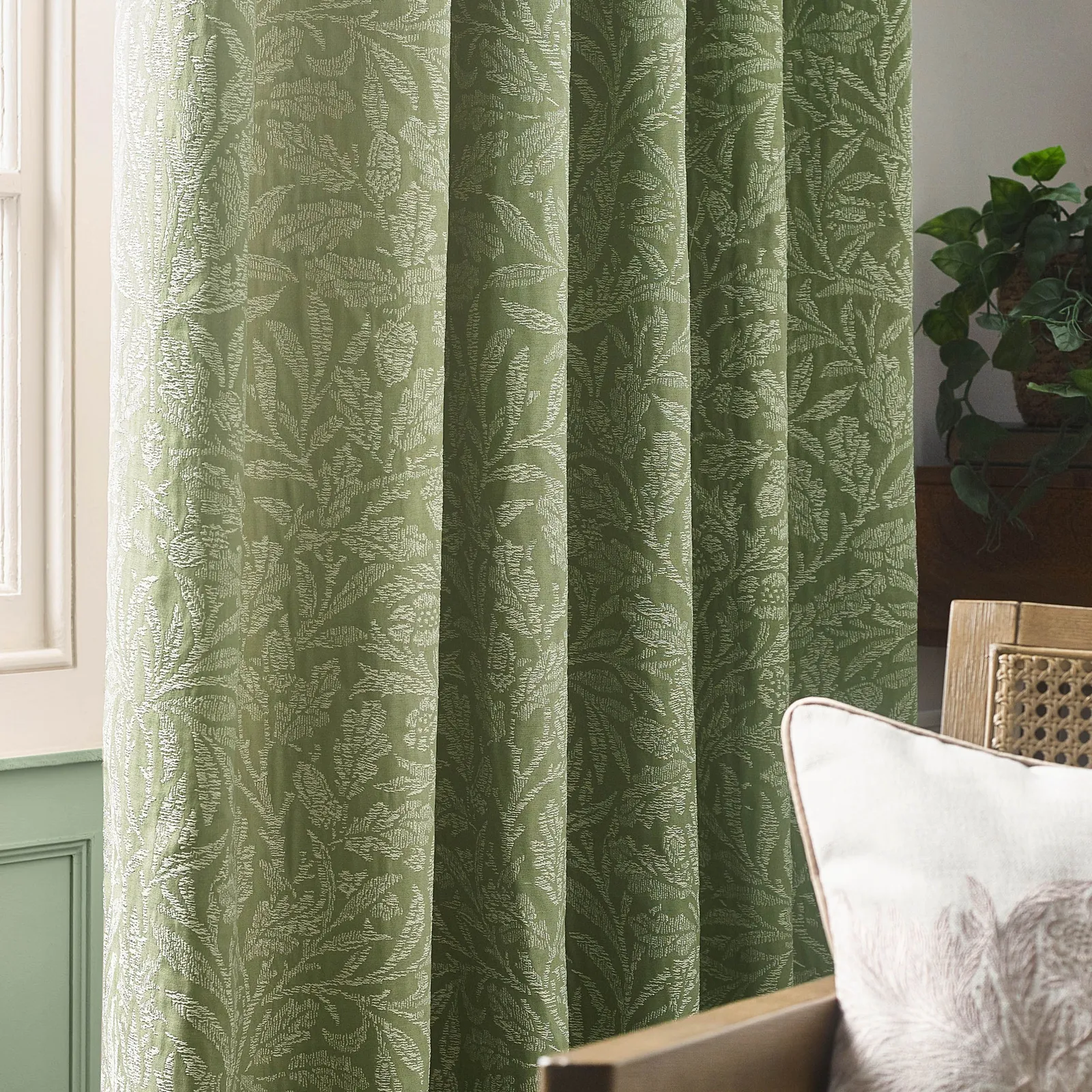 Morris & Co Acorn Tonal Fully Lined Matt Jacquard Pencil Pleat Curtains in Green 5