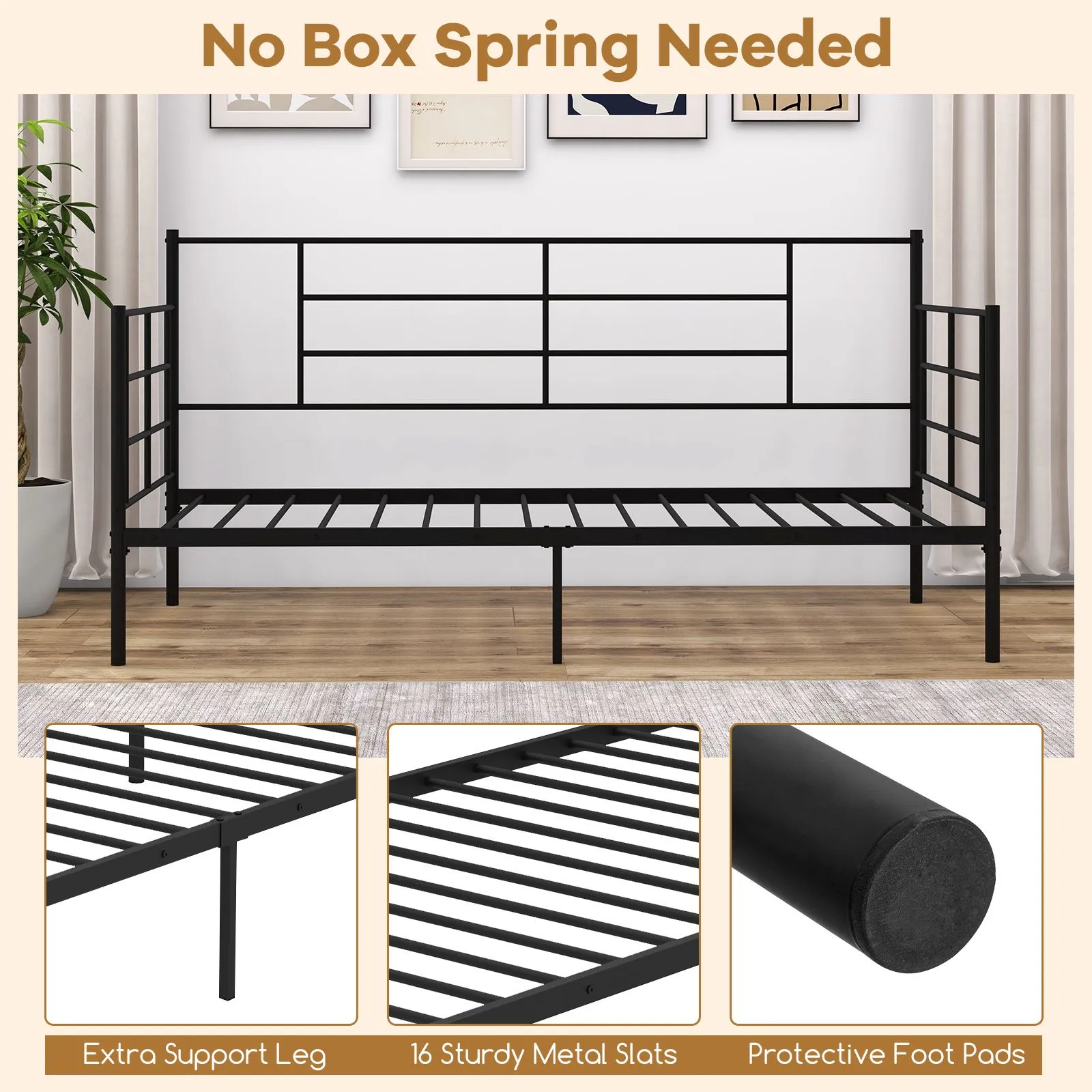 Costway Single Size Metal Sofa Bed Single Platform Bed Daybed with Arms & Back in Black 3