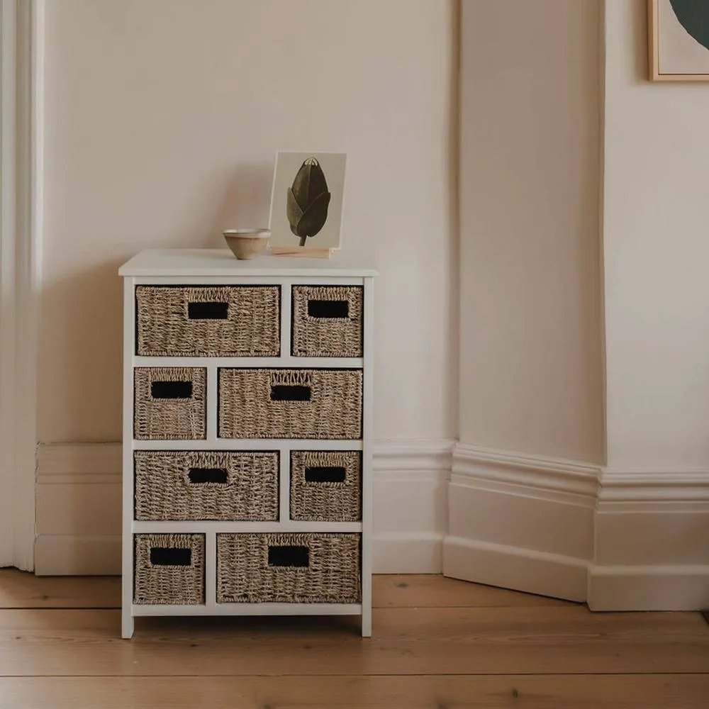 Statement Furniture Tetbury 8 Drawer Storage Unit- White with Whitewash Seagrass Baskets