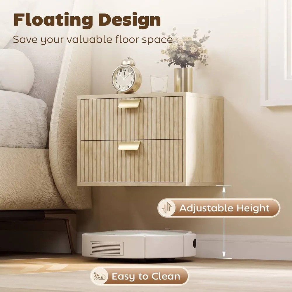 HOMCOM 2pcs Modern Floating Nightstands, 2 Drawers Bedside Tables, Oak in Natural 4
