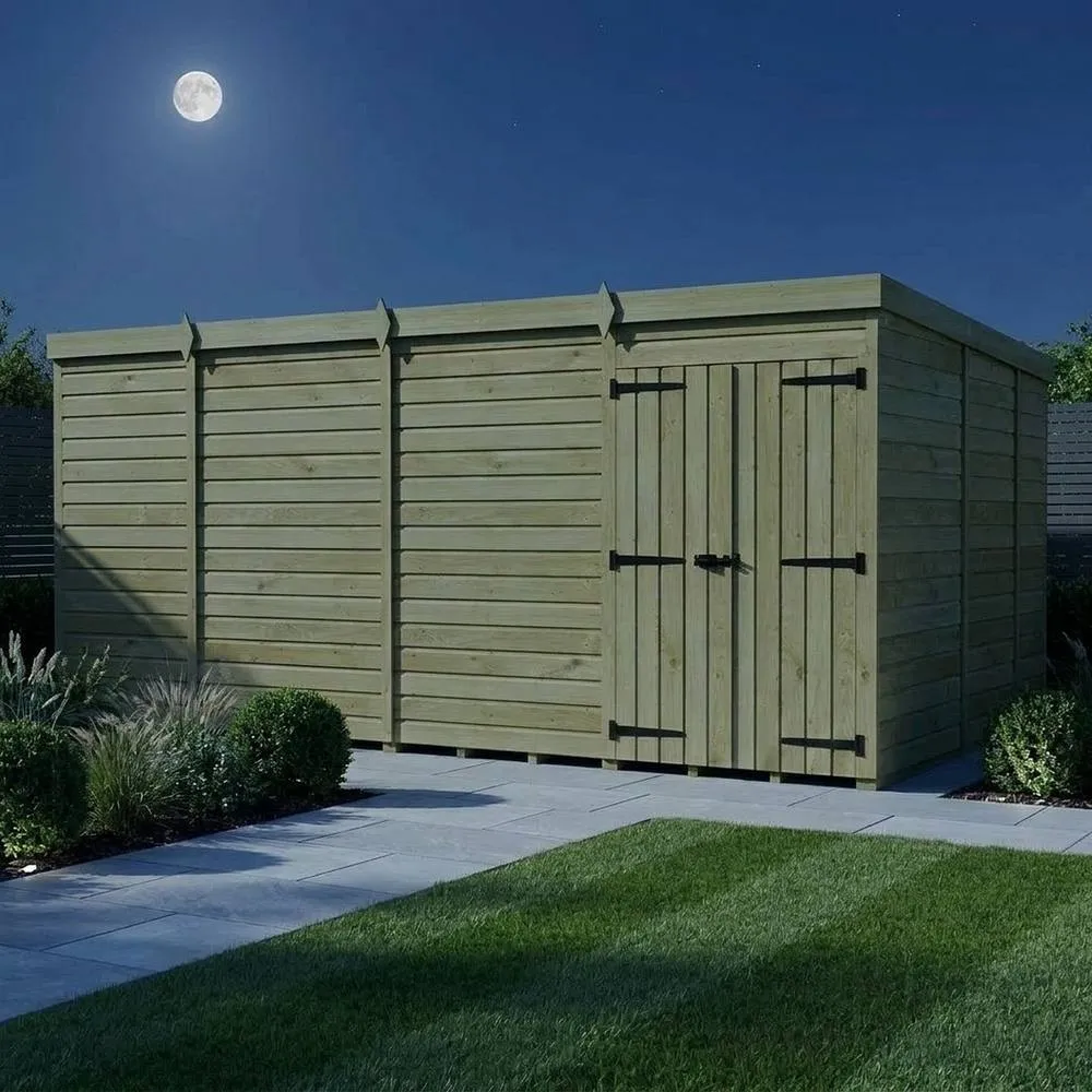 Buttercup Farm 15ft x 9ft Pent Garden Shed Double Door No Windows - Timber in Brown 3